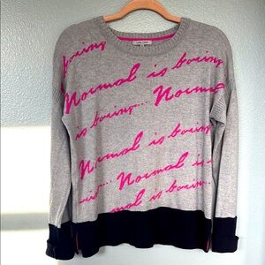 Lisa Todd Gray Sweater with Hot Pink Script and Black Hem